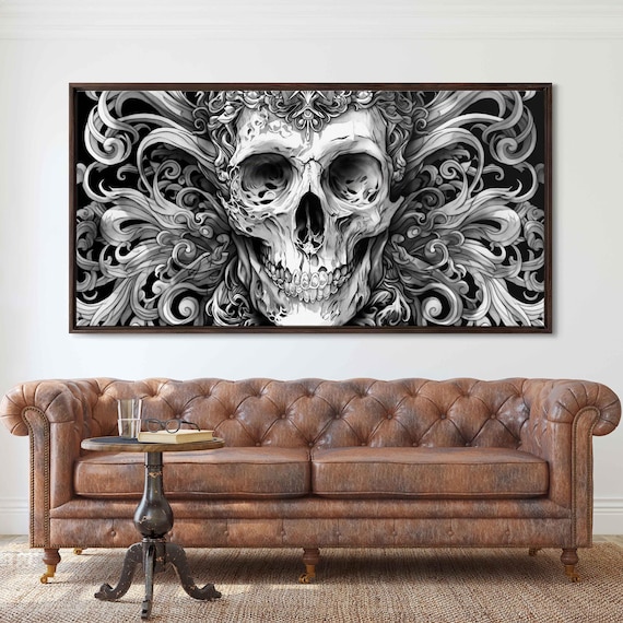 Gothic Skull Baroque Swirling Filigree Monochrome Ink Halloween Wall Poster