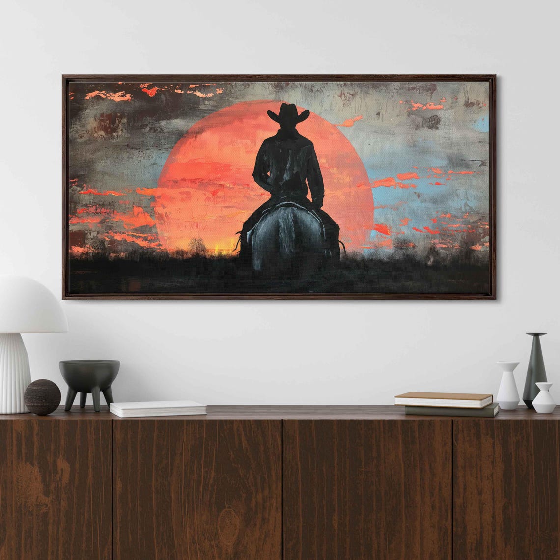 Cowboy On Horseback Against Giant Red Sun Western Sunset Poster