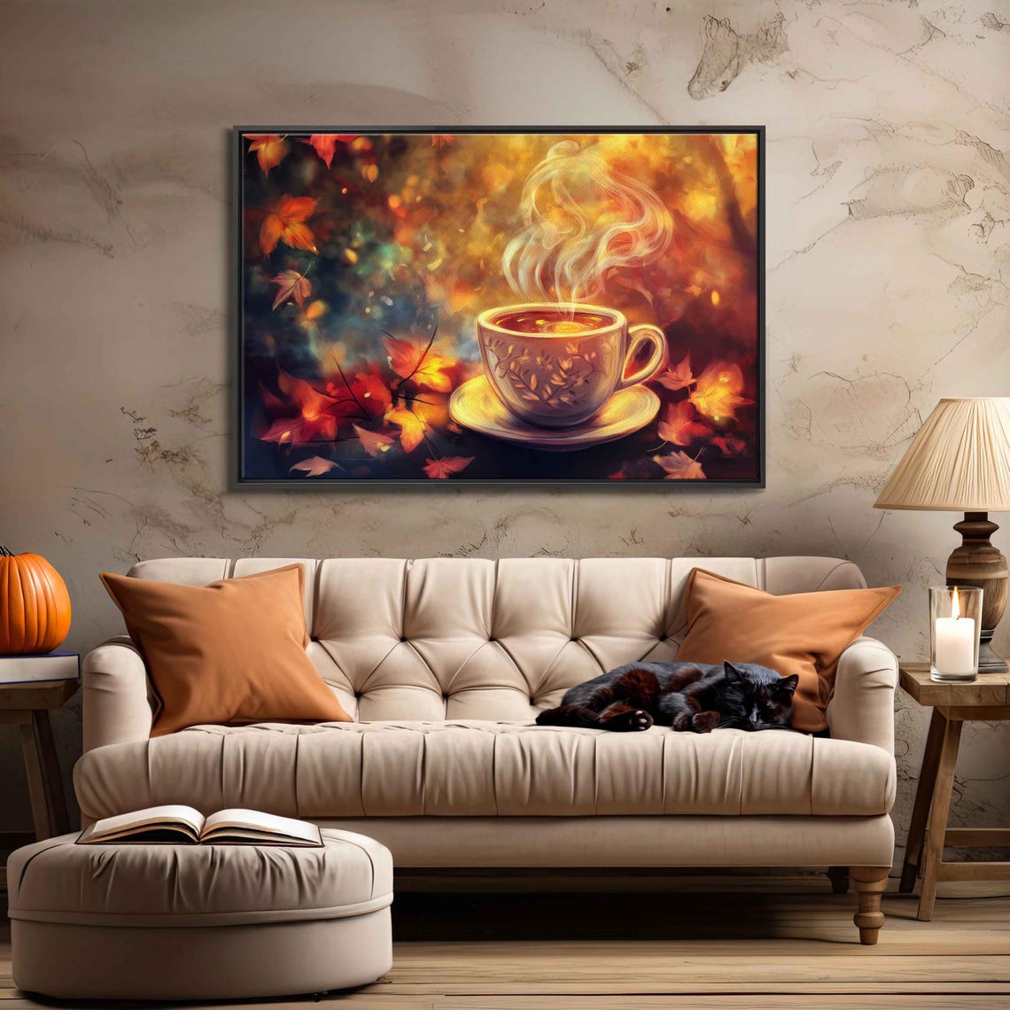 Steaming Pumpkin Spice Latte Autumn Leaves Fall Cozy Kitchen Poster - Image 3