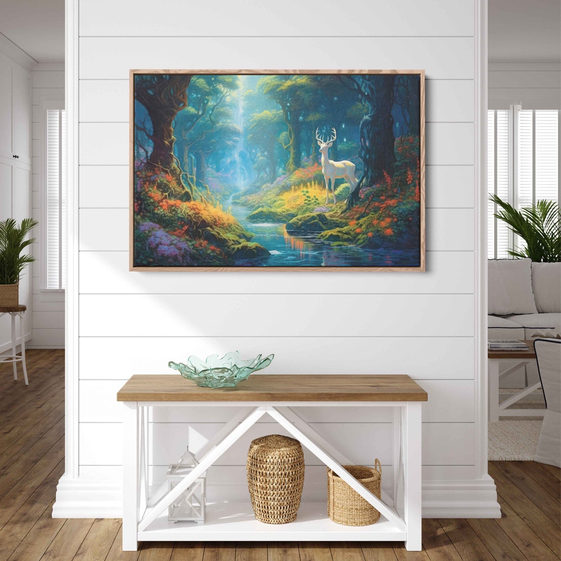 Mystical White Stag Magical Forest Stream Waterfall Fantasy Art Poster - Image 3