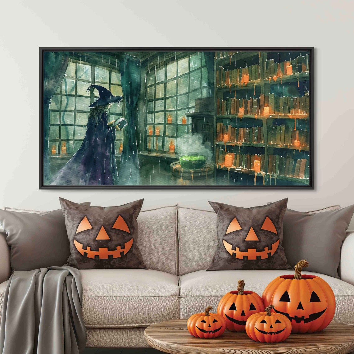 Witch Brewing Green Potion In Candlelit Library Watercolor Poster