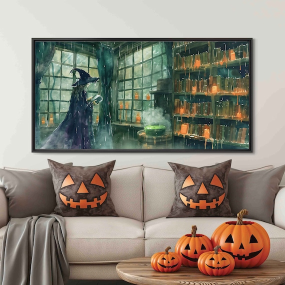 Witch Brewing Green Potion In Candlelit Library Watercolor Poster