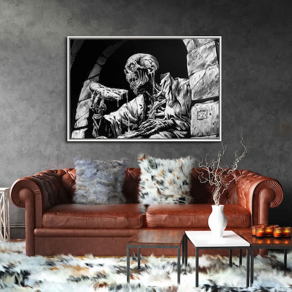 Zombie Skeleton Eating Pizza Slice In Brick Crypt Dark Humor Ink Poster