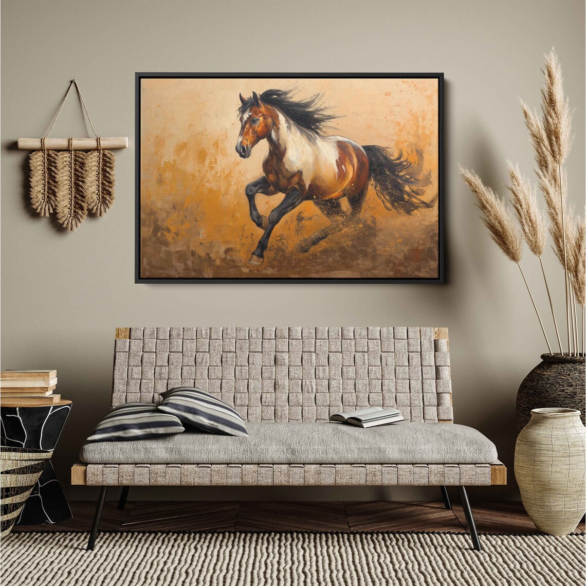 Pinto Horse Galloping Wild Golden Dust Equestrian Oil Painting Print - Image 2