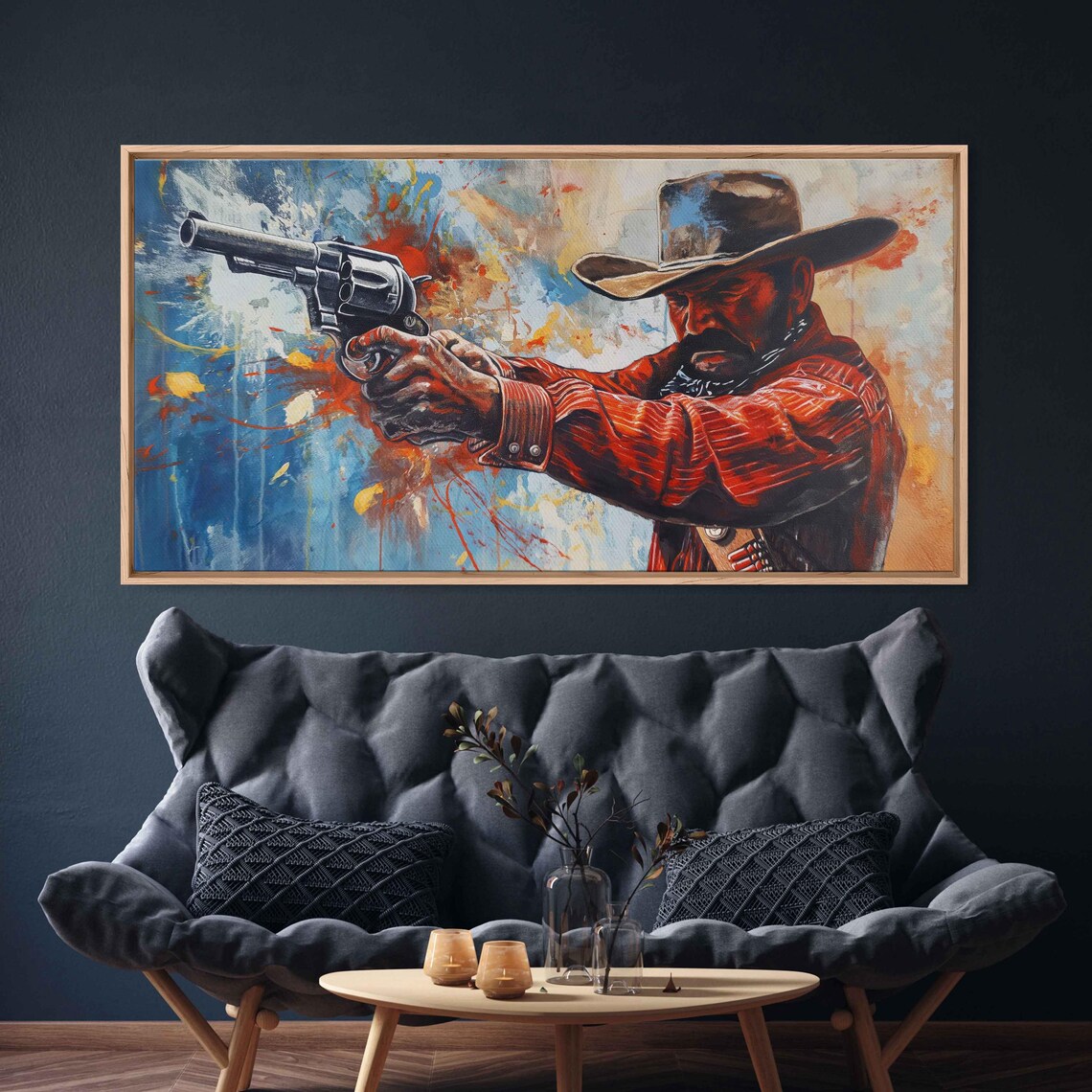 Cowboy Gunslinger Aiming Revolver Blue Orange Painted Poster - Image 3