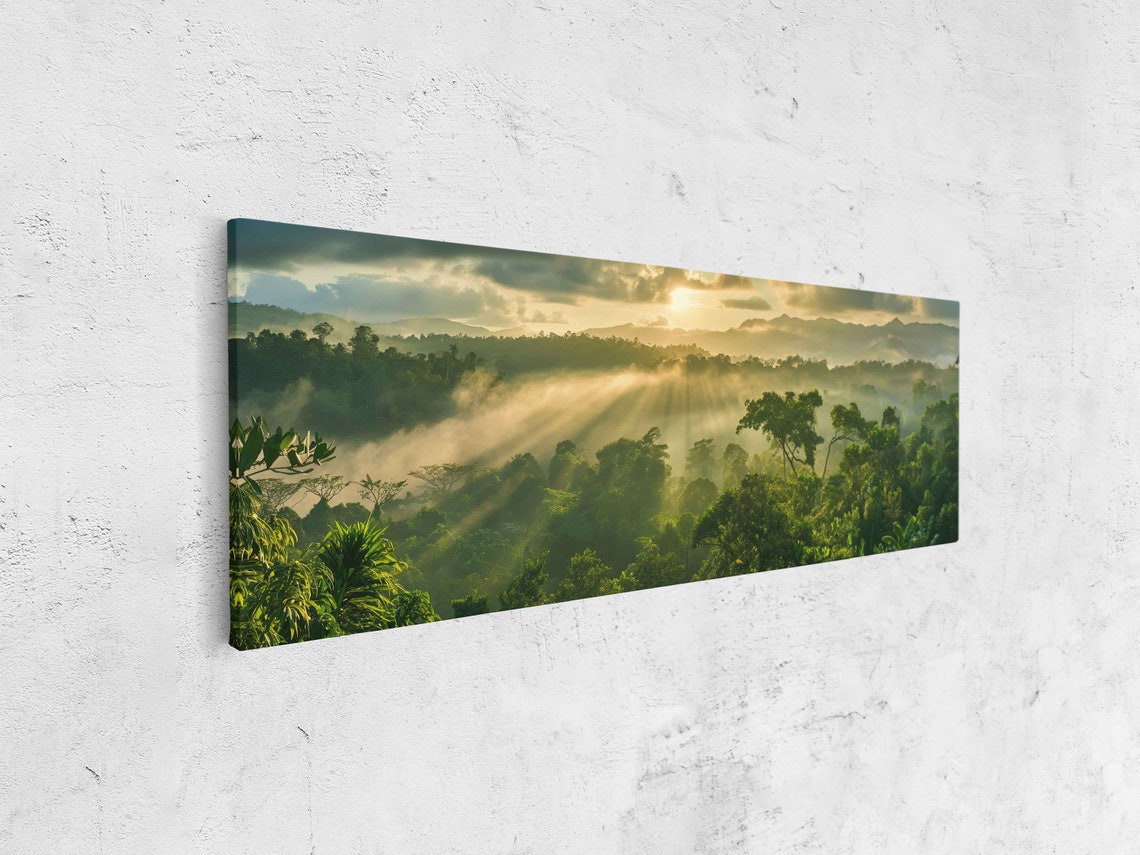 Sunrise Over Misty Rainforest Canopy With Golden Sunbeams Poster - Image 4