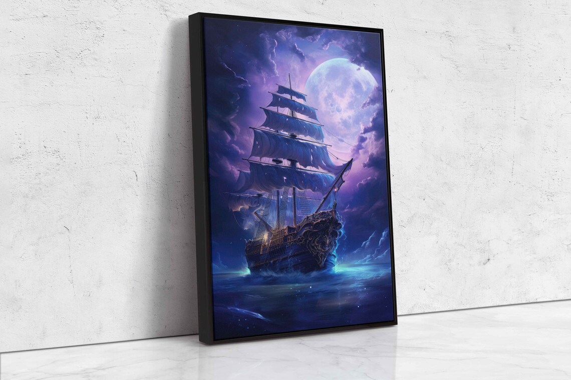 Ghost Pirate Ship Giant Purple Full Moon Tattered Sails Ocean Fantasy Poster - Image 4
