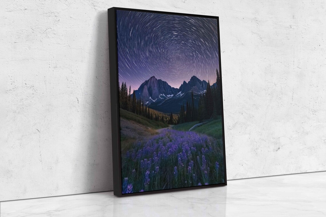 Star Trails Swirling Over Peaks Above Purple Wildflowers Poster - Image 4
