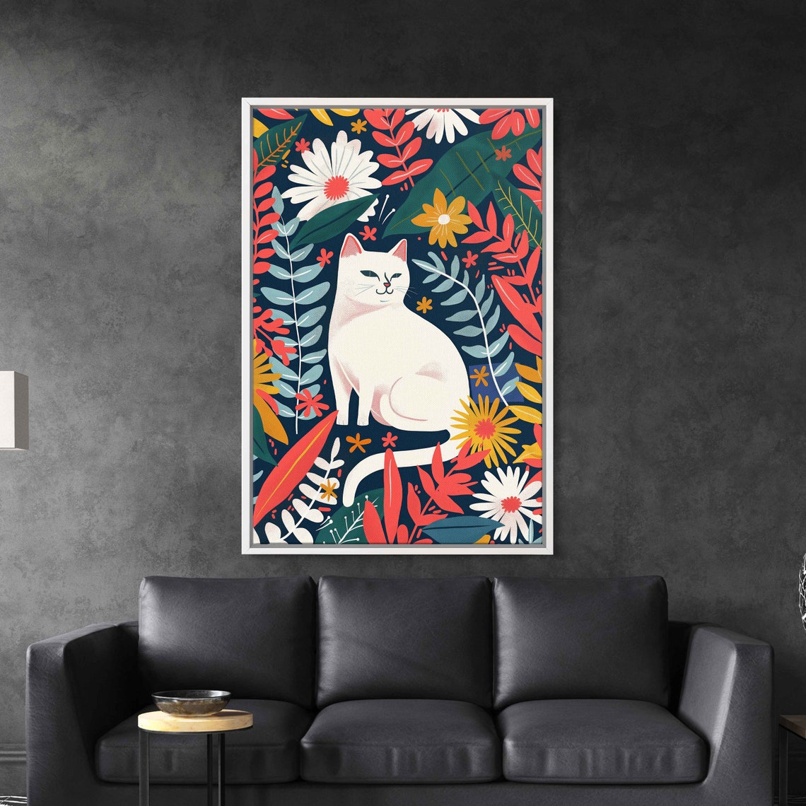 White Cat Colorful Tropical Floral Garden Cheerful Modern Art Poster - Image 3