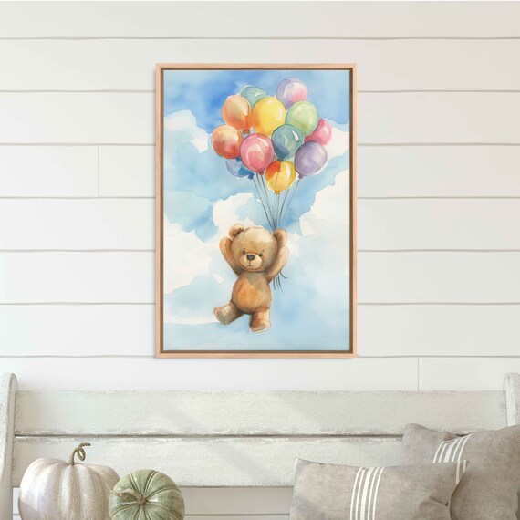 Teddy Bear Floating With Colorful Balloons Pastel Watercolor Kids Poster