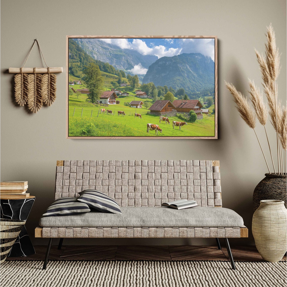 Green Alpine Pasture With Cows And Chalets Mountain Valley View Print