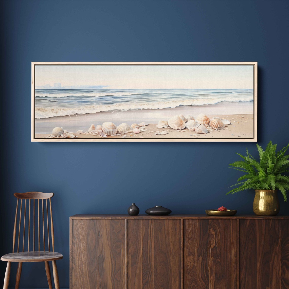 Watercolor Seashell Beach Panoramic Crashing Waves Shore Coastal Print