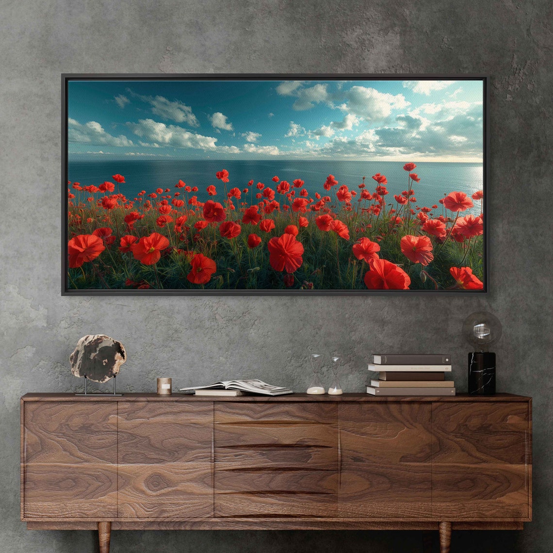 Red Poppy Flowers Field Ocean Backdrop Blue Sky Panoramic Wall Art - Image 3
