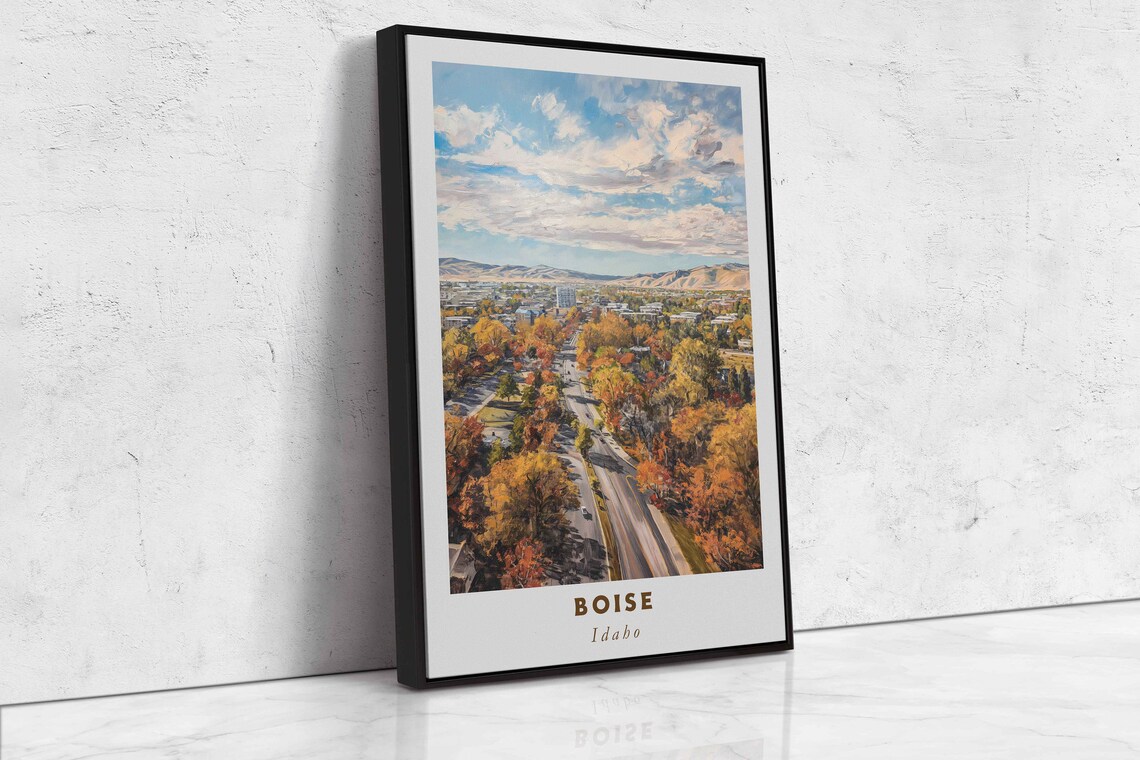 Boise Idaho Fall Foliage Street with Mountain Backdrop Travel Poster - Image 2