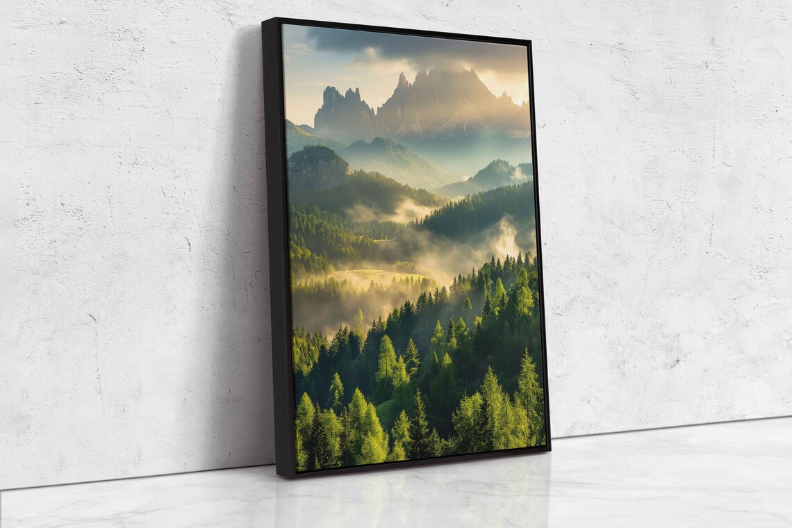 Sunlit Misty Forest Lush Greenery Mountain Ranges Cloudy Skies Wall Art Print Ready To Hang - Image 4