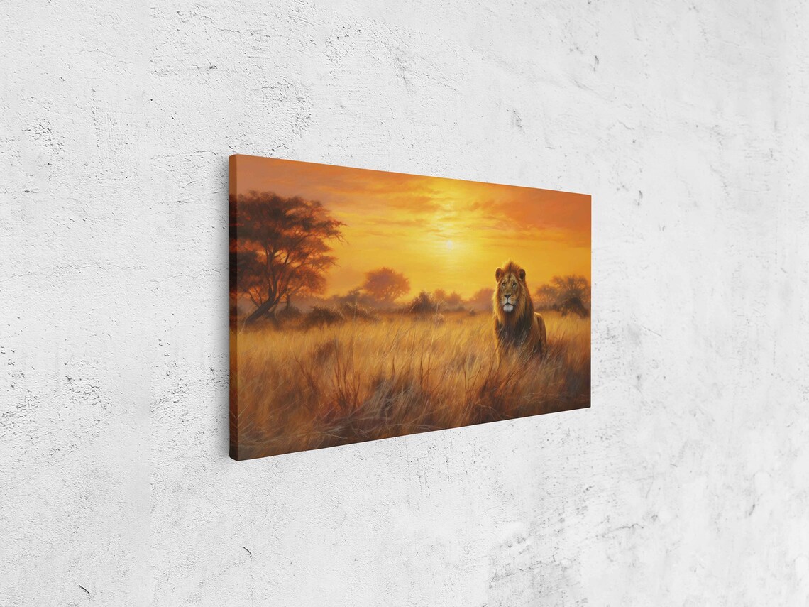 Lion In Africa Plains Sunset Landscape Art Print - Image 4