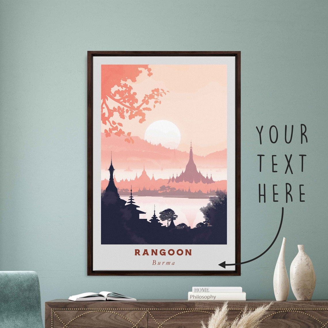 Rangoon Burma Shwedagon Pagoda Temple Sunset Retro Travel Poster