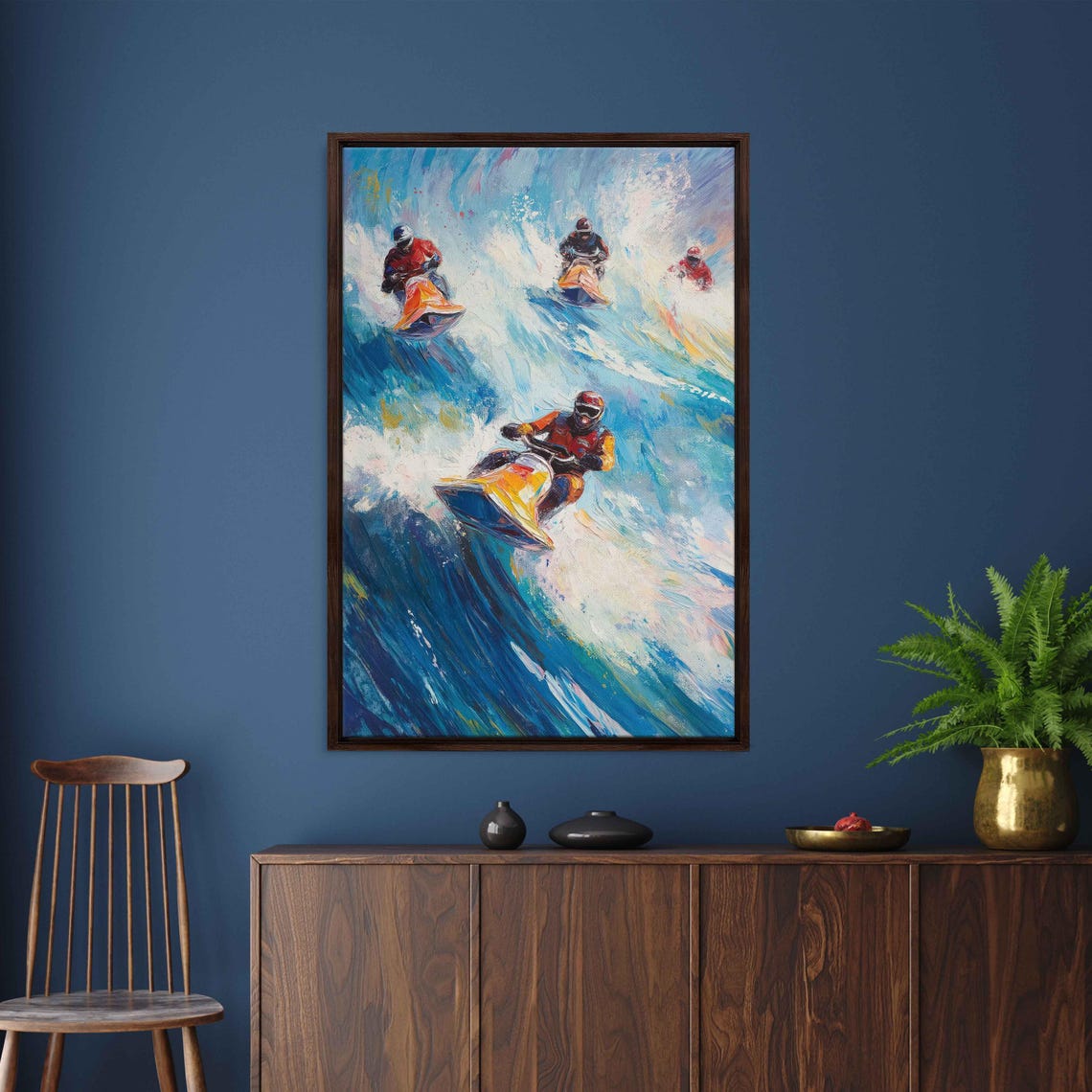 Jet Skiing Across Waves Wall Art Print Impressionistic Colors Thrilling Water Sports