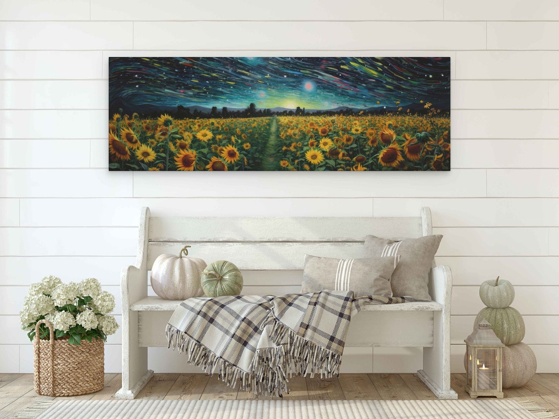 Sunflower Field Starry Night Panoramic Wall Art Print Ready To Hang - Image 2