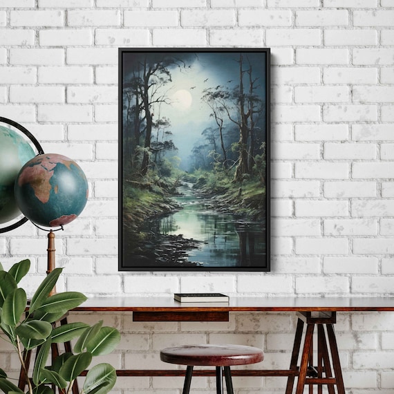 Moonlit Forest With Stream Tranquil Nature Painting Framed Print Ready To Hang