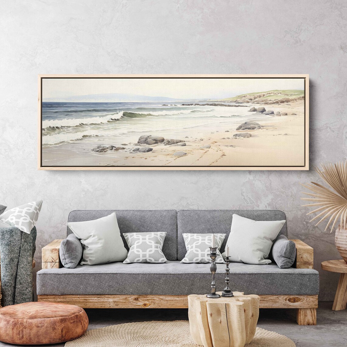 Serene Sandy Beach Watercolor With Soft Waves And Rocky Shores Poster