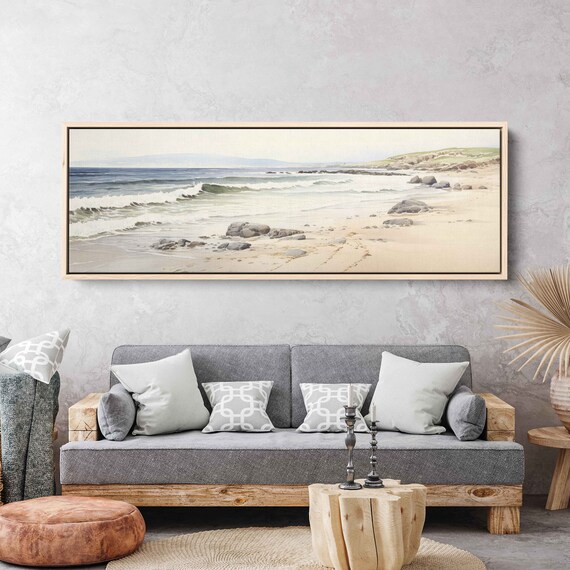 Serene Sandy Beach Watercolor With Soft Waves And Rocky Shores Poster