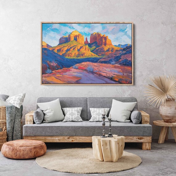 Vibrant Sedona Arizona Red Rock Broad Landscape Wall Art Print Western Painting Canyon Gorge Ready To Hang