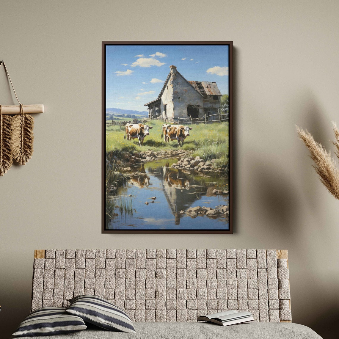 Old Barn Cows Grazing Sunny Pasture Pond Reflections Farm Art Poster