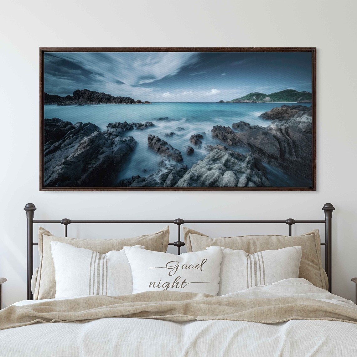 Moody Rocky Coastline Teal Sea Long Exposure Silky Waves Panoramic Poster - Image 3