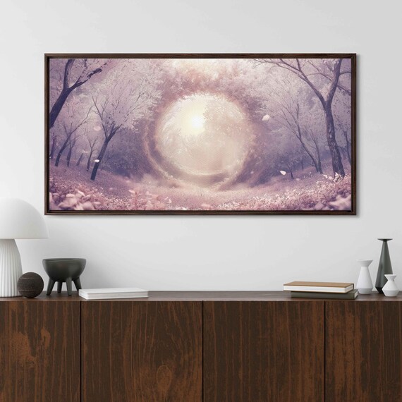 Blossoming Trees Spiral Wall Art Print Mystical Orchard Pink Petals Fantasy Atmosphere