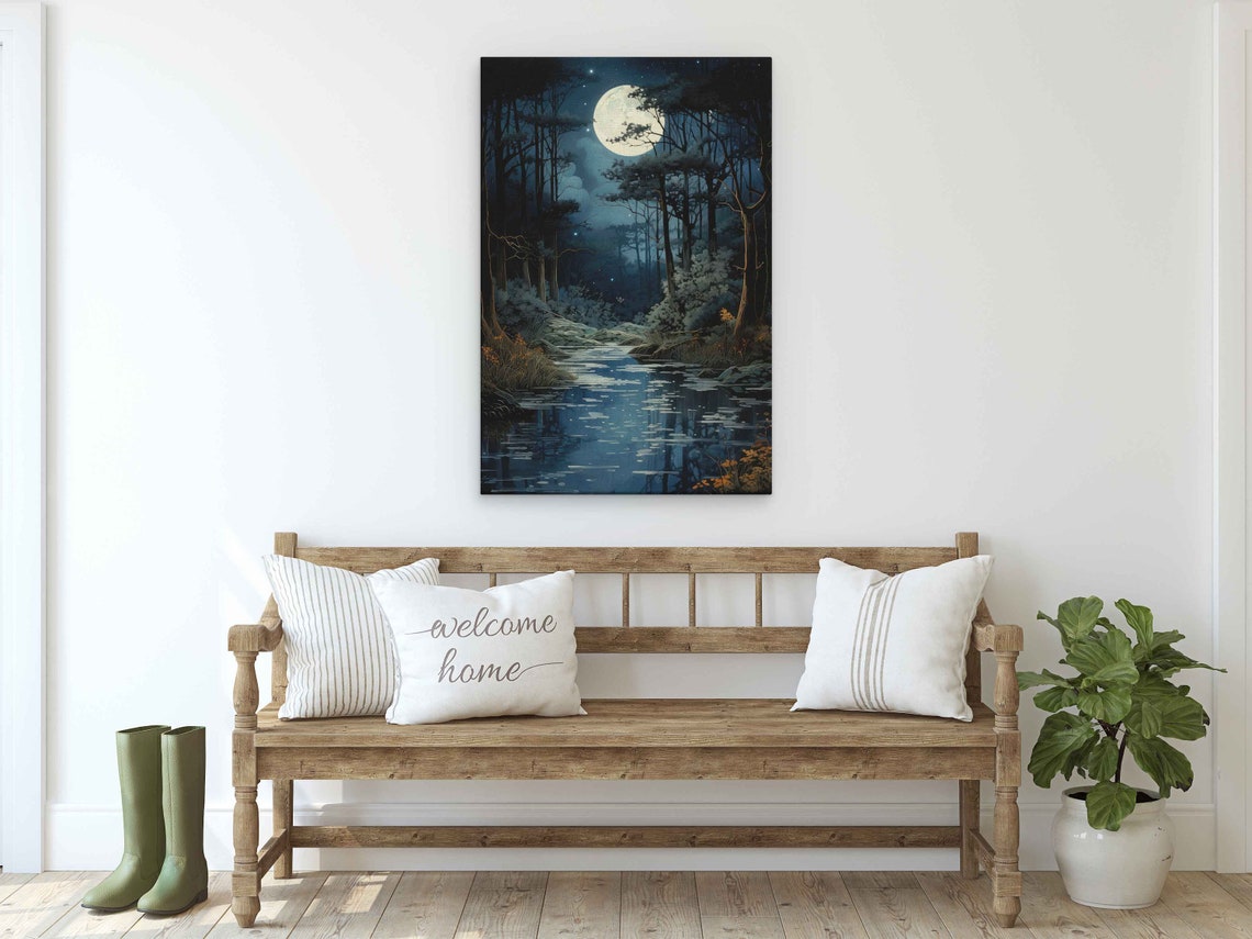 Moonlit Forest Stream Night Painting Full Moon Reflection Woods Poster - Image 2