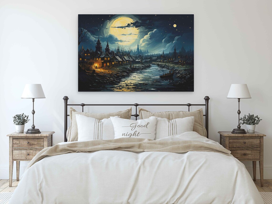 Spooky Moonlit Old Town Village Night Van Gogh Inspired Painting Art Poster - Image 3