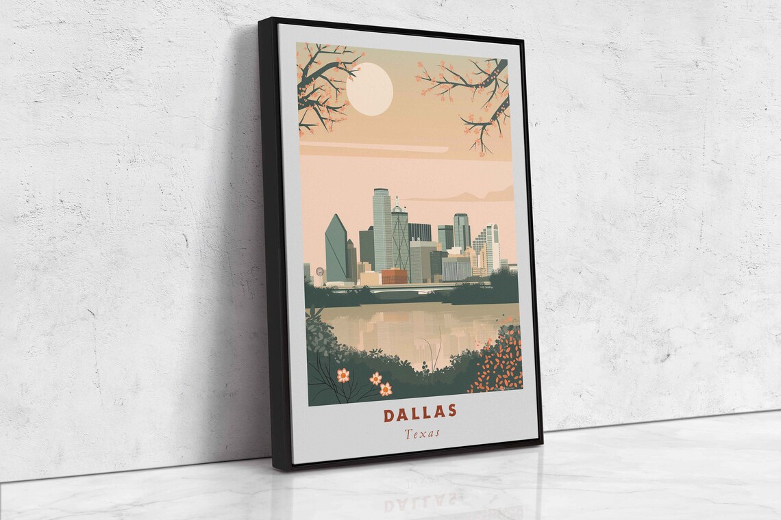 Dallas Texas Daytime Skyline River Flowering Trees Travel Poster - Image 2