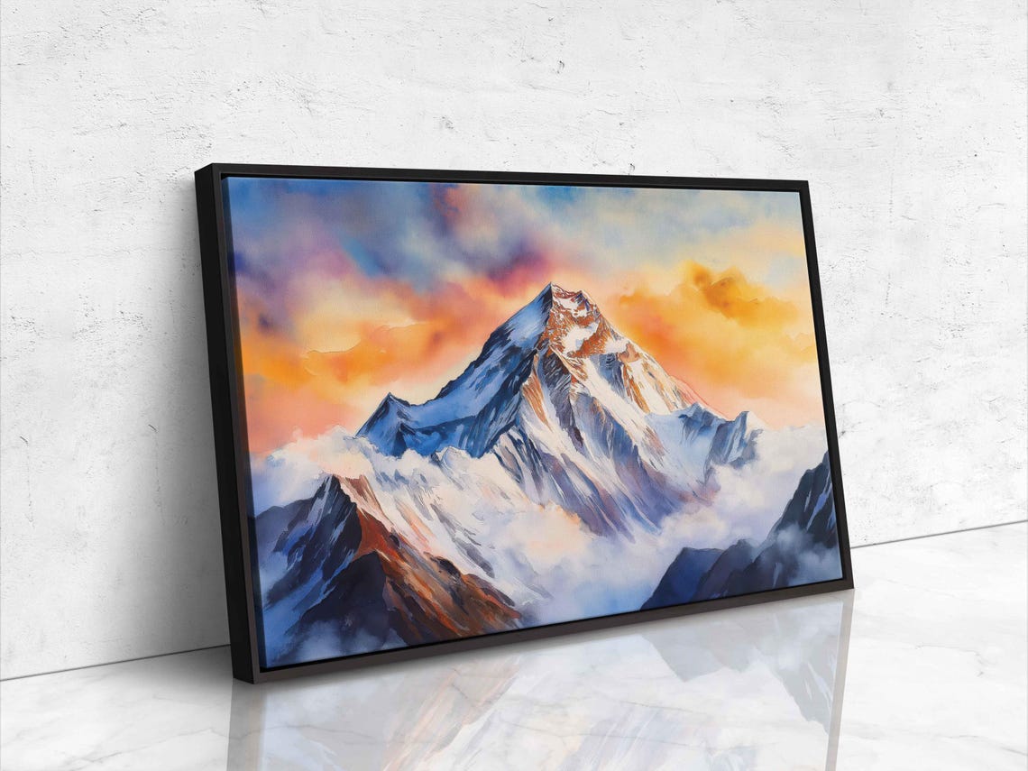 Mount Everest Watercolor Sunrise Wall Art Print Ethereal Clouds Rugged Terrain - Image 4