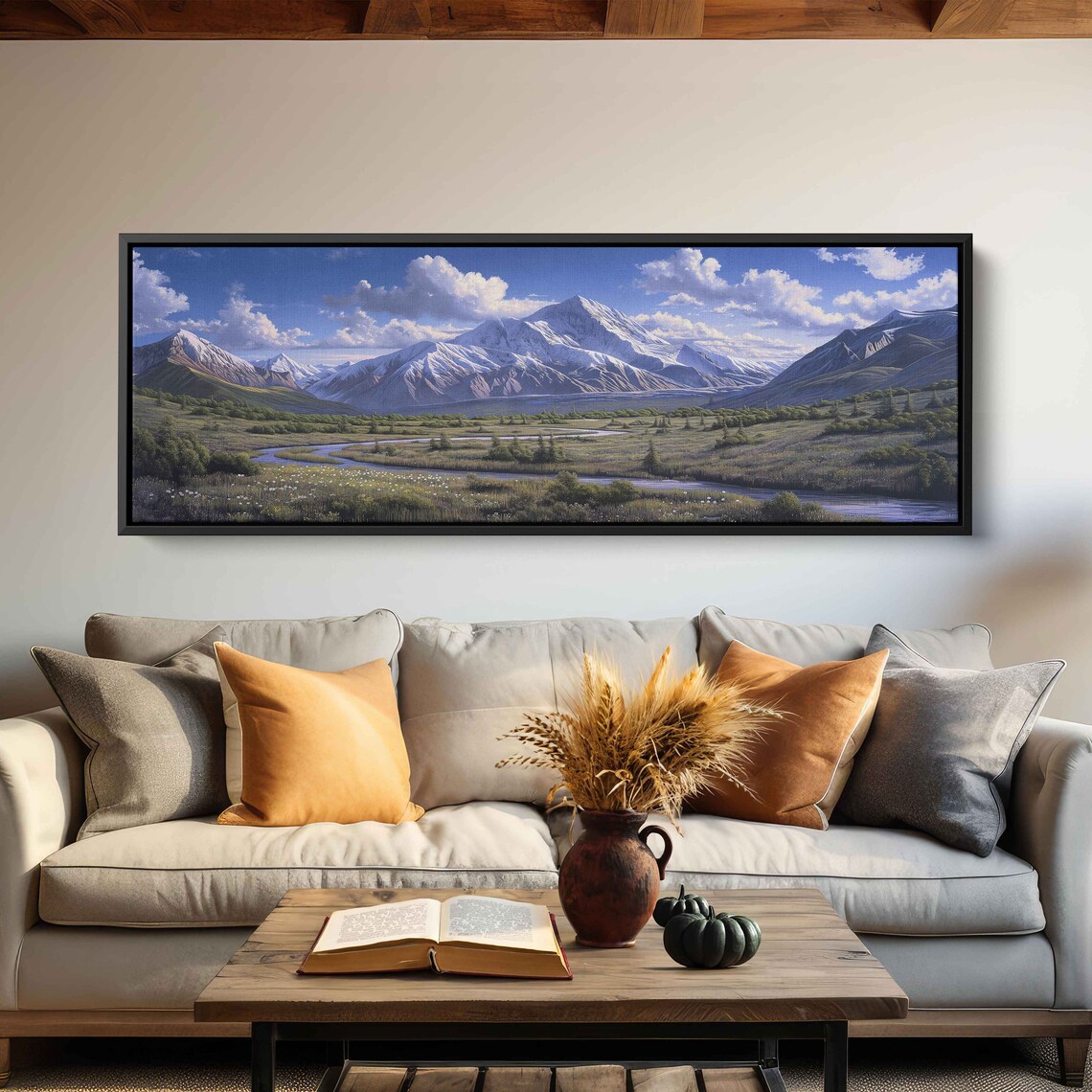 Denali National Park Panoramic Landscape Painting River Leading Up To Mountains Wall Art Print Cloudy Sky Open Field - Image 2