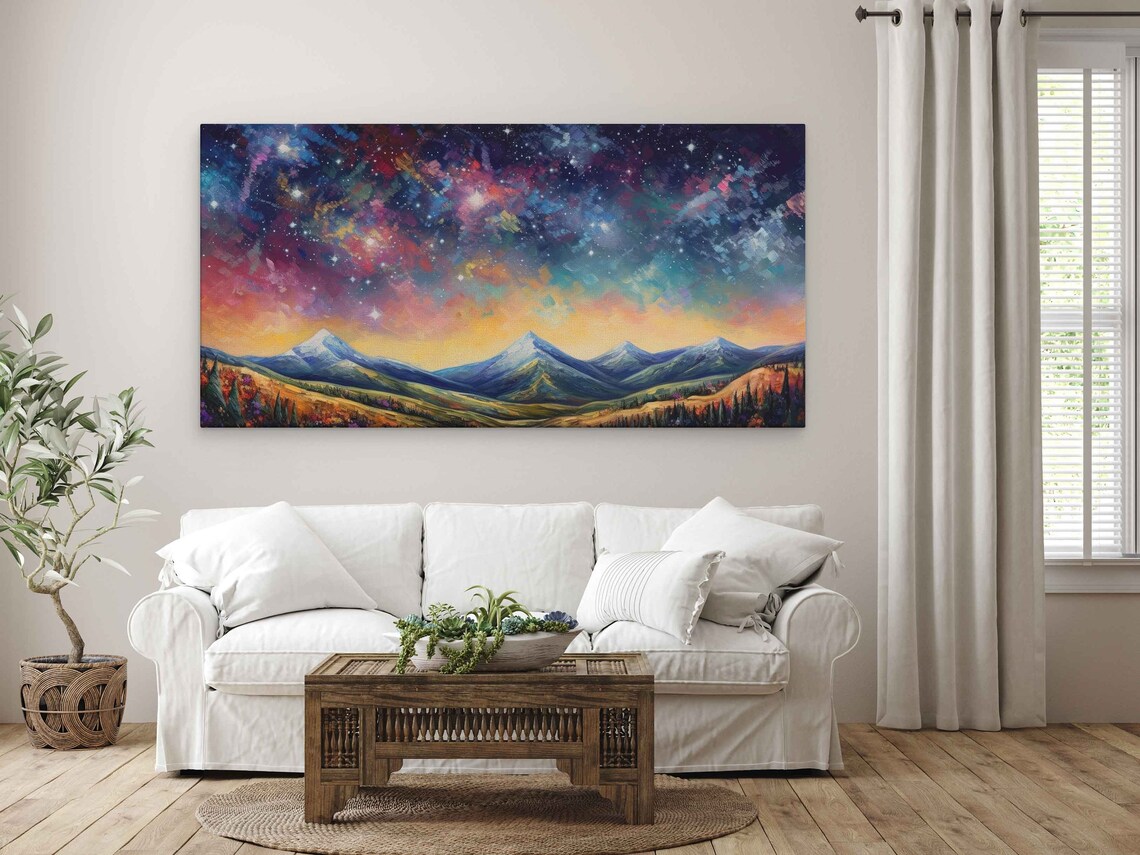 Colorful Starry Night Sky Nebula Over Snowy Mountain Peaks Celestial Travel Poster - Image 3