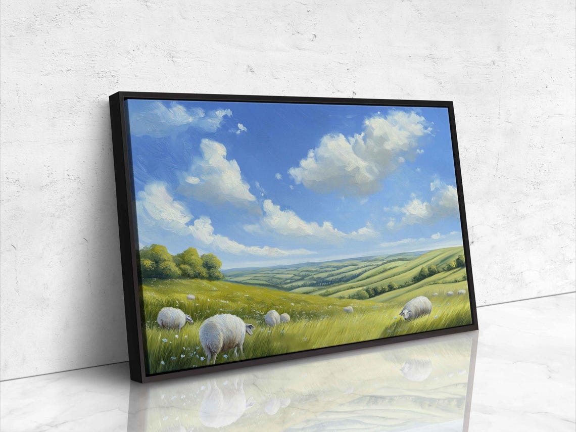Sheep Grazing Rolling Green Hills Sunny Countryside Meadow Poster - Image 4