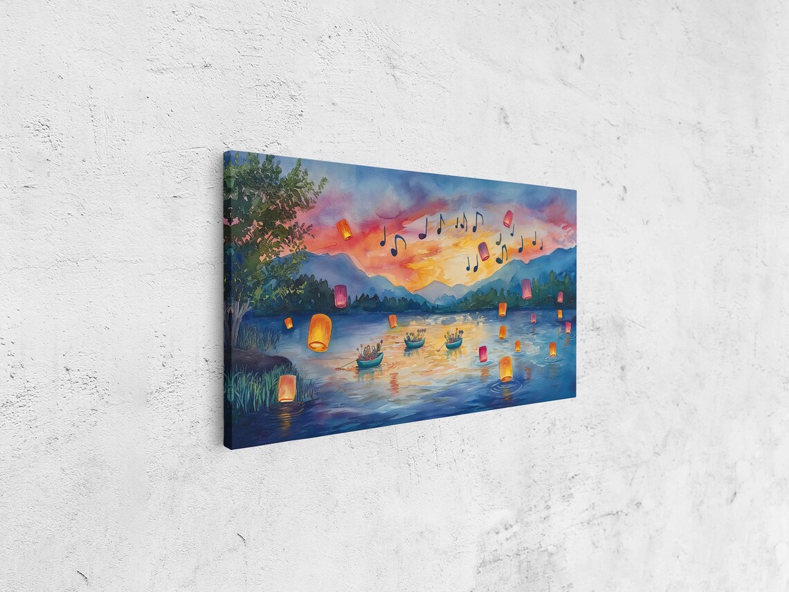 Lake Boats At Sunset Floating Lanterns Musical Notes Watercolor Poster - Image 4