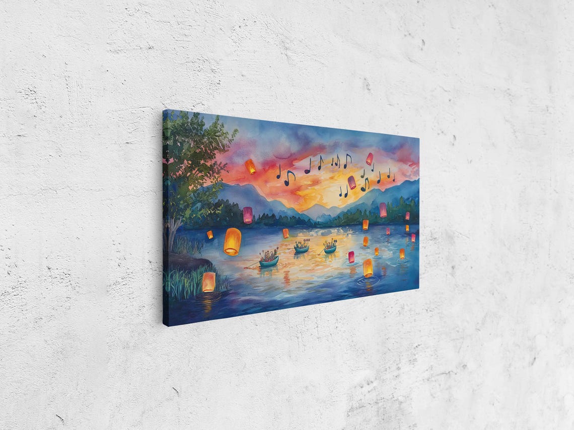 Tranquil Lake Music Festival Wall Art Print Colorful Lanterns Whimsical Sunset - Image 4
