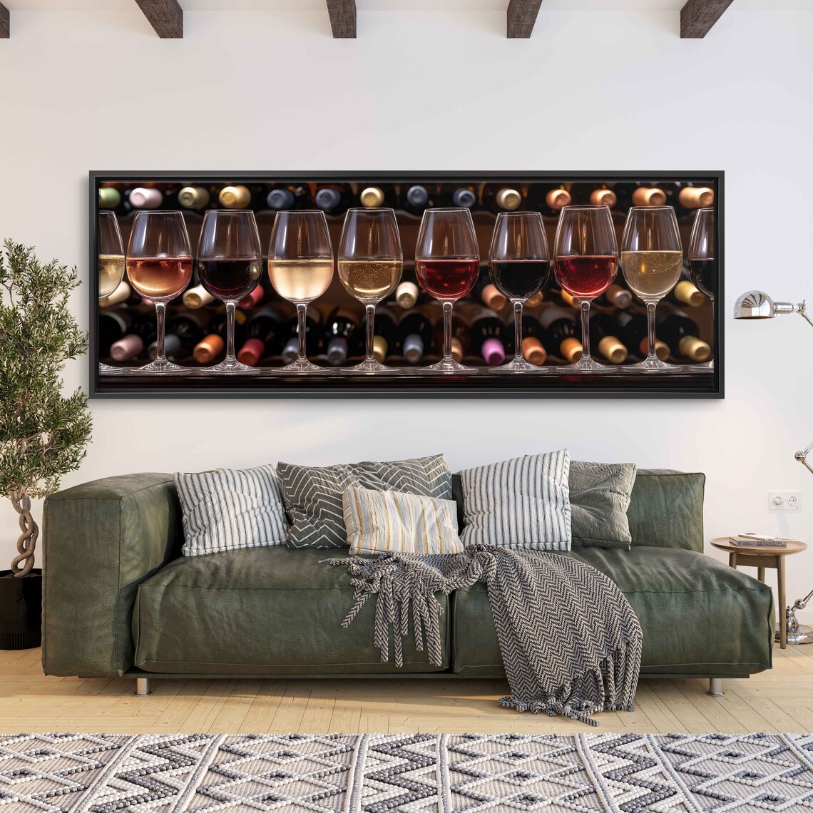 Wine Glasses Lineup Bottles Shelf Behind Panoramic Bar Photography Poster