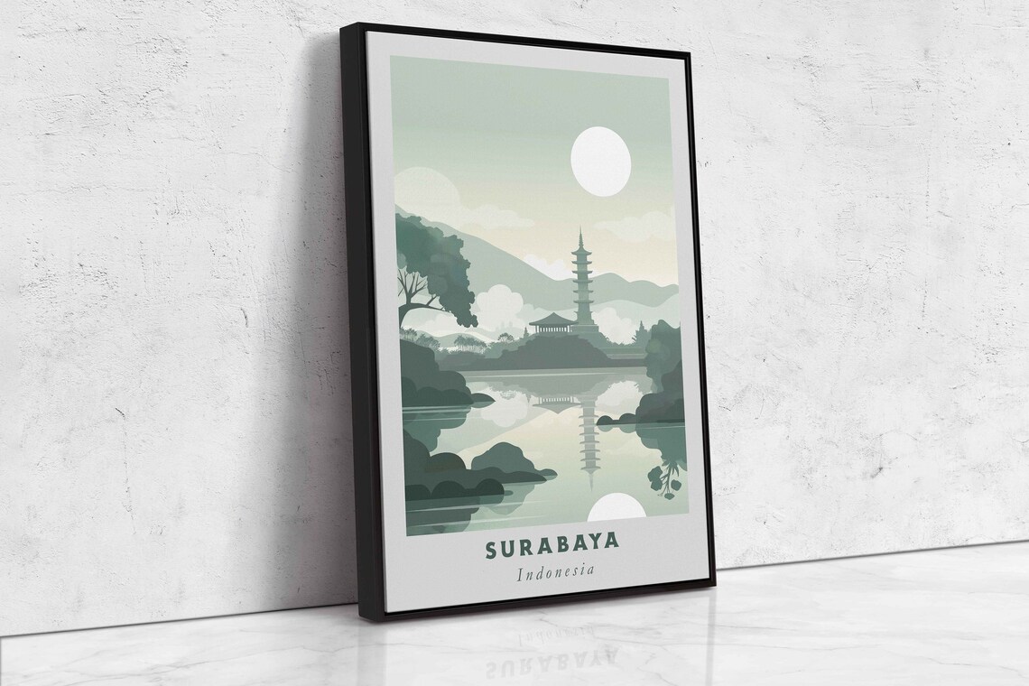 Surabaya Indonesia Misty Pagoda Lake Green Art Travel Poster - Image 2