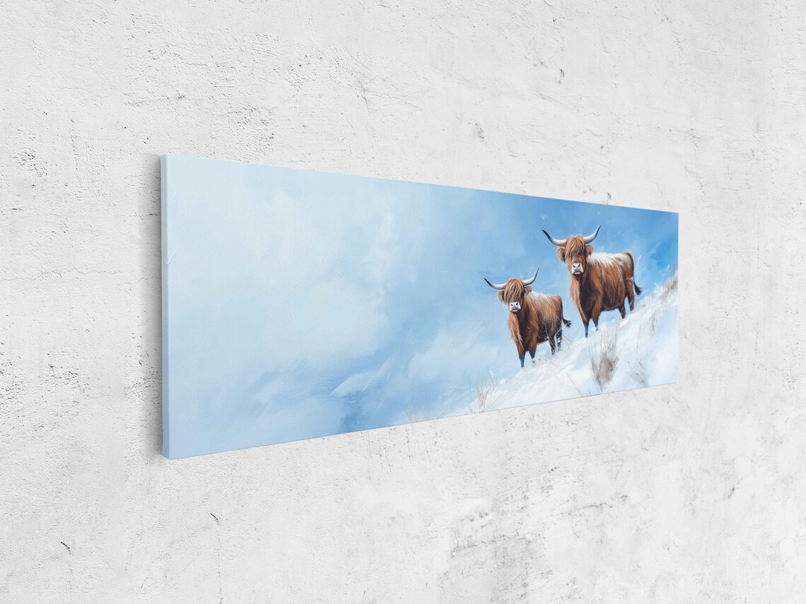 Two Highland Cows On Snowy Hilltop Winter Scottish Landscape Wall Art - Image 4