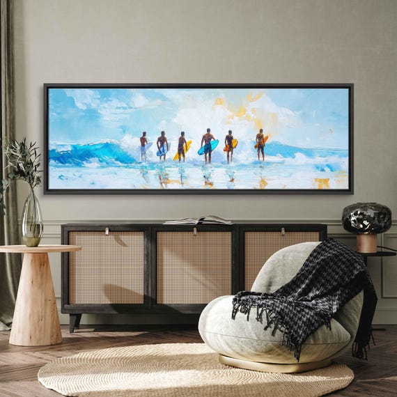 Surfers Walking Out To Surf Ocean Waves Oil Wall Art Print Gift For Surfer Blue Water Ready To Hang