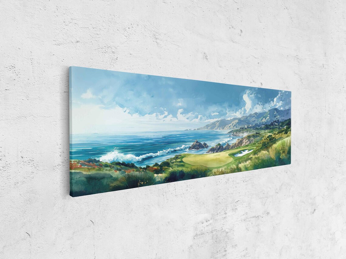 Seaside Golf Course Panoramic Watercolor Coastal Green Sports Wall Art - Image 4