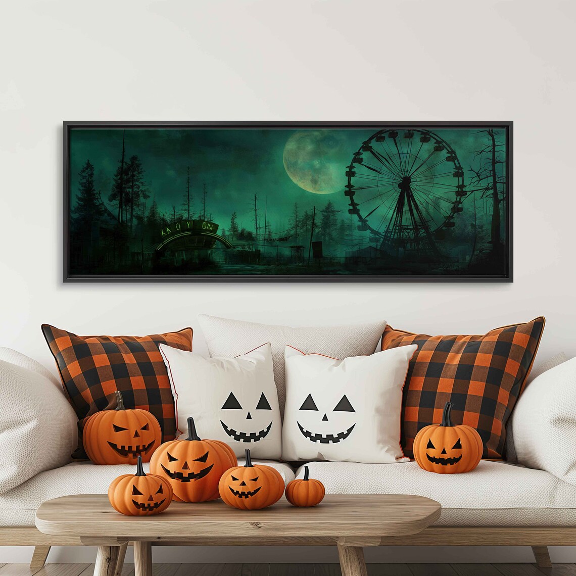 Abandoned Carnival Ferris Wheel Green Night Foggy Panoramic Print