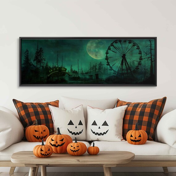 Abandoned Carnival Ferris Wheel Green Night Foggy Panoramic Print