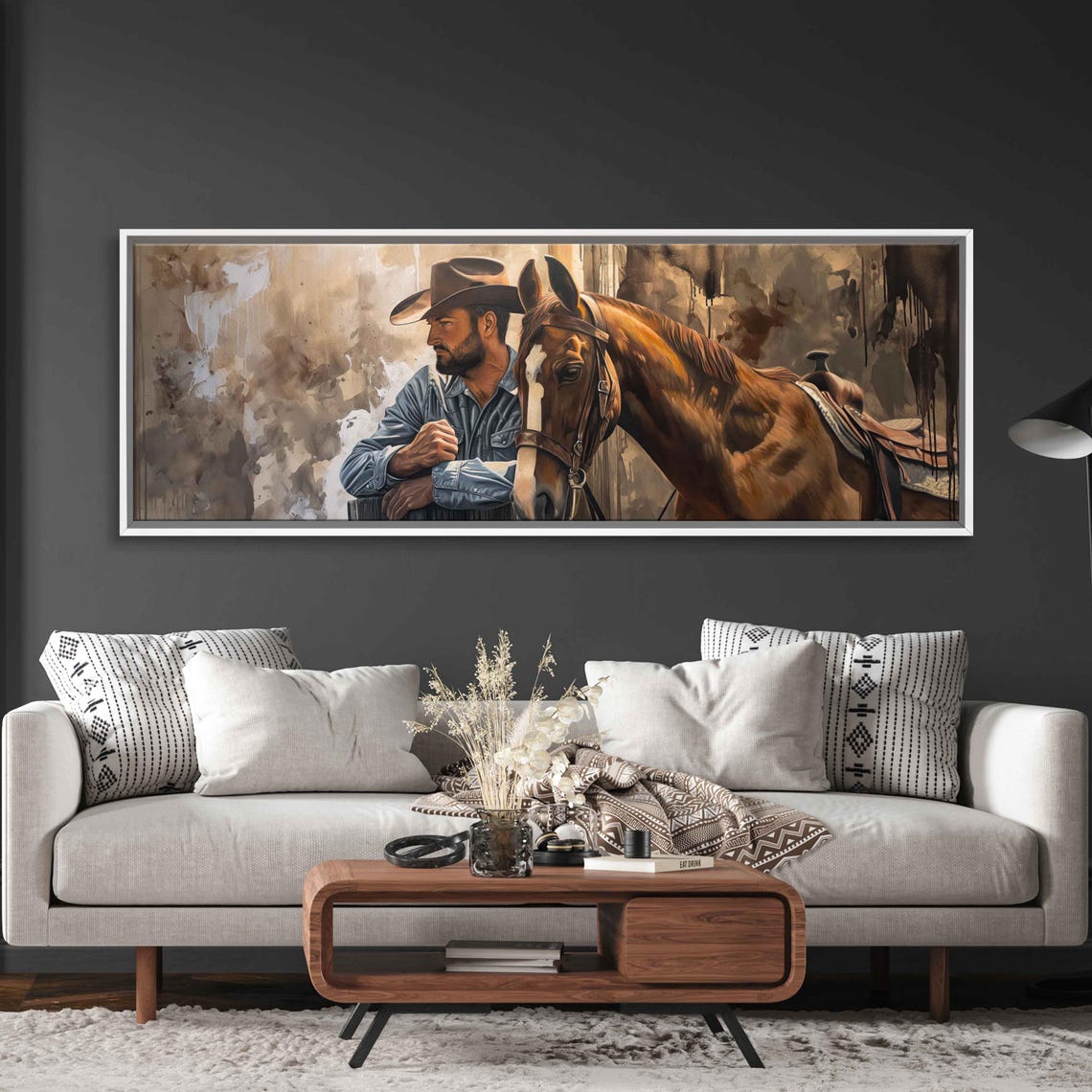 Cowboy Standing Beside Chestnut Horse Rustic Panoramic Wall Poster