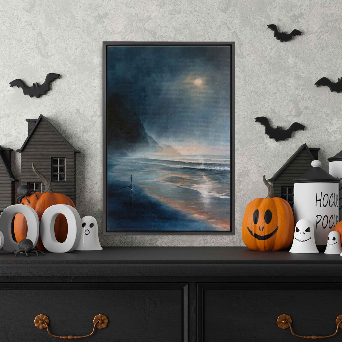 Ghostly Figure Moonlit Beach Foggy Night Moody Halloween Wall Art
