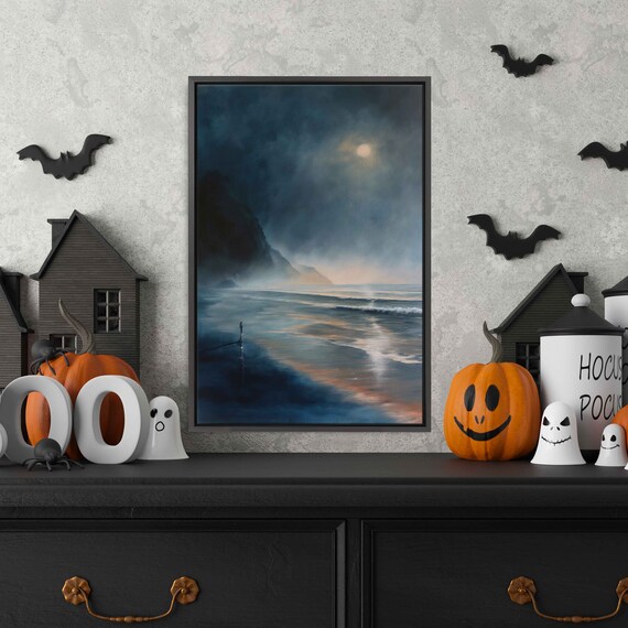 Ghostly Figure Moonlit Beach Foggy Night Moody Halloween Wall Art