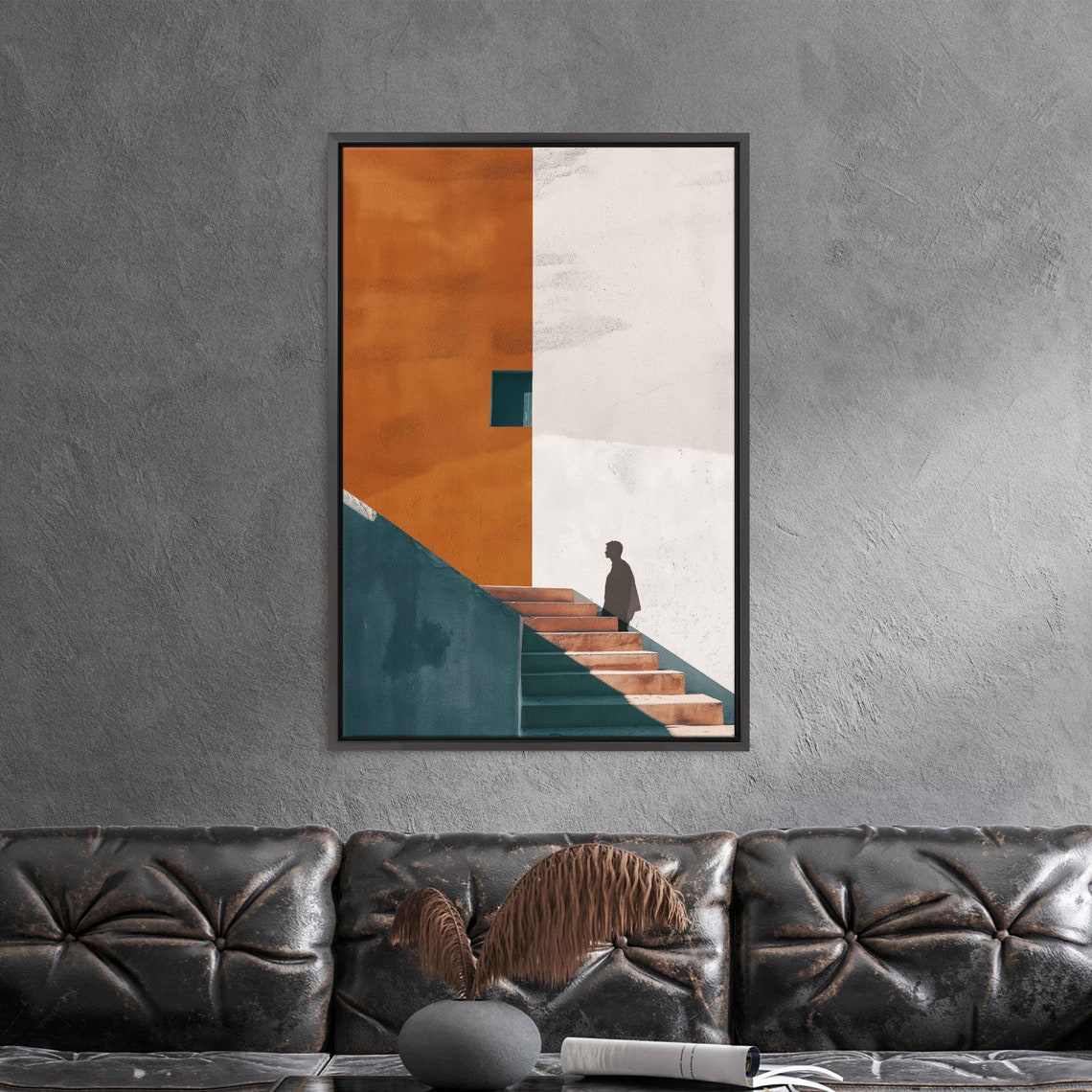 Man Climbing Stairs Orange Teal Minimalist Geometric Art Poster - Image 3